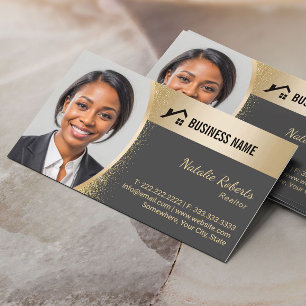 Real Estate Agent Custom Logo Gold Realtor Photo Business Card