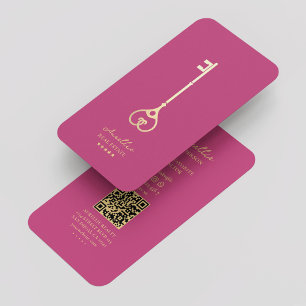 Real Estate Agent Elegant Pink Gold Key Modern Business Card