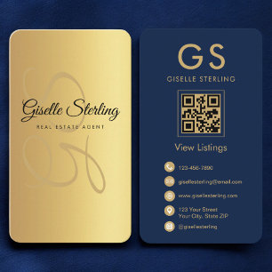 Real Estate Agent Gold Navy Blue QR Code Monogram  Business Card
