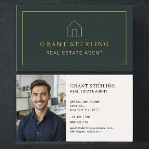 Real Estate Agent Green Gold House Photo Minimal  Business Card