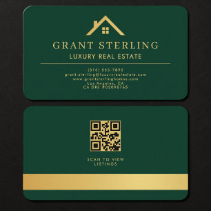 Real Estate Agent Green Gold QR Code Business Card