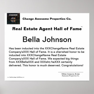 Real Estate Agent Hall of Fame Certificate Poster
