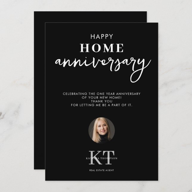 Real Estate Agent Happy Home Anniversary Black Thank You Card (Front/Back)