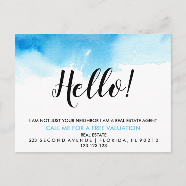 Real Estate Agent HELLO blue watercolor Announcement Postcard (Front)