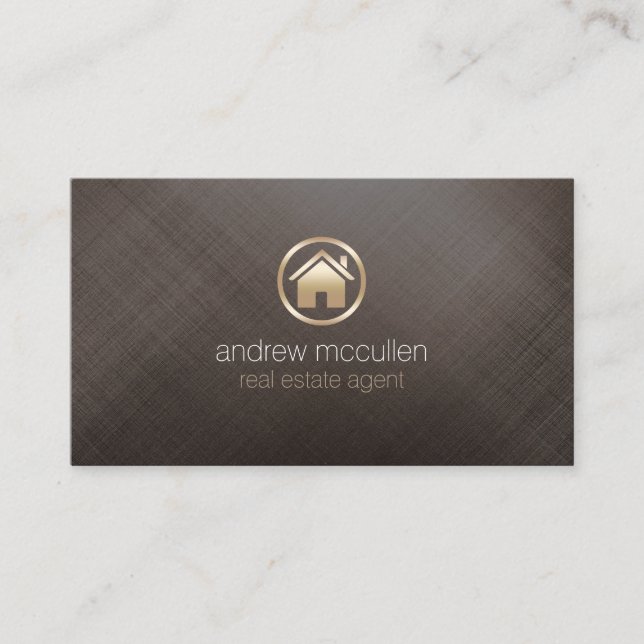 Real Estate Agent House Icon Brushed Gold Metal Business Card (Front)