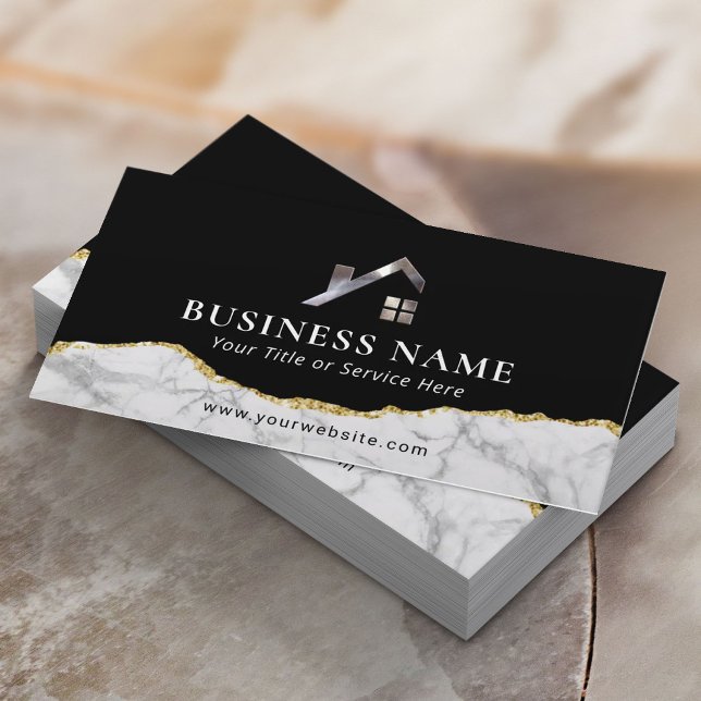 Real Estate Agent House Logo Modern Gold Marble Business Card (Creator Uploaded)
