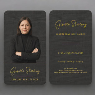 Real Estate Agent Linen Black Gold Business Card
