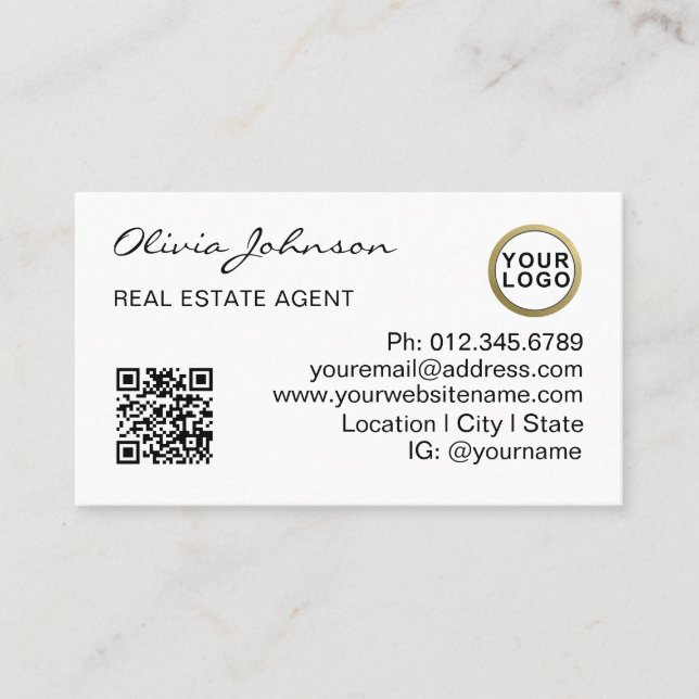 Real Estate Agent Logo QR Code Modern White Business Card (Front)