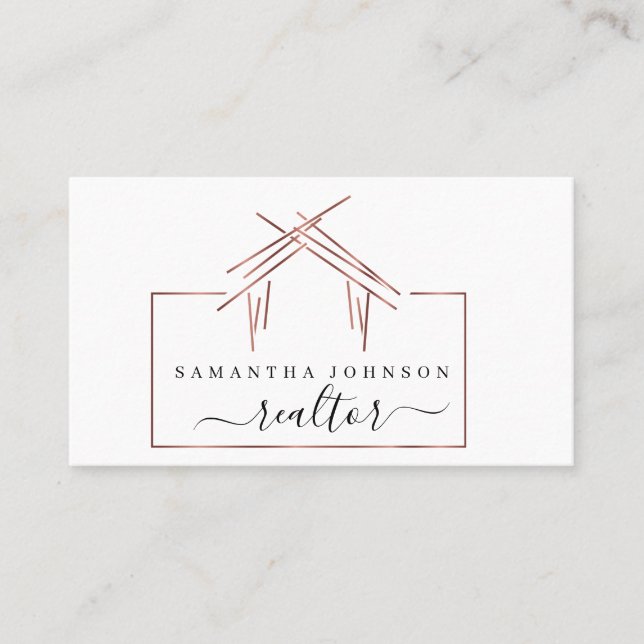 Real estate agent logo with house in rose gold  business card (Front)