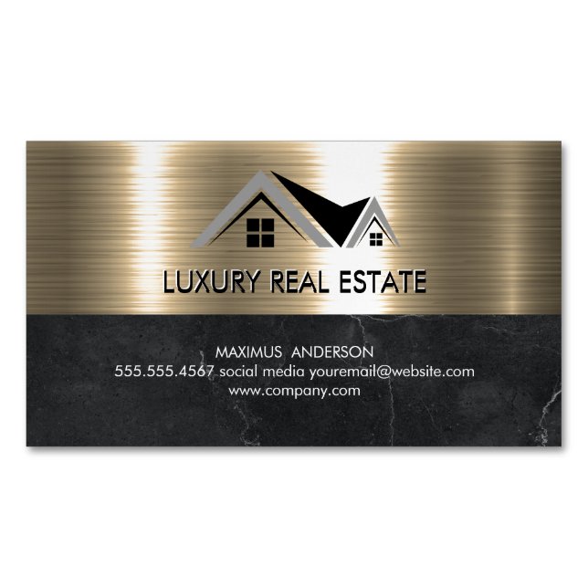 Real Estate Agent | Metallic Gold Marble Business  Magnetic Business Card (Front)