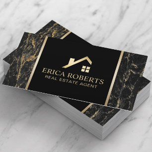 Real Estate Agent Modern Black & Gold Marble Business Card