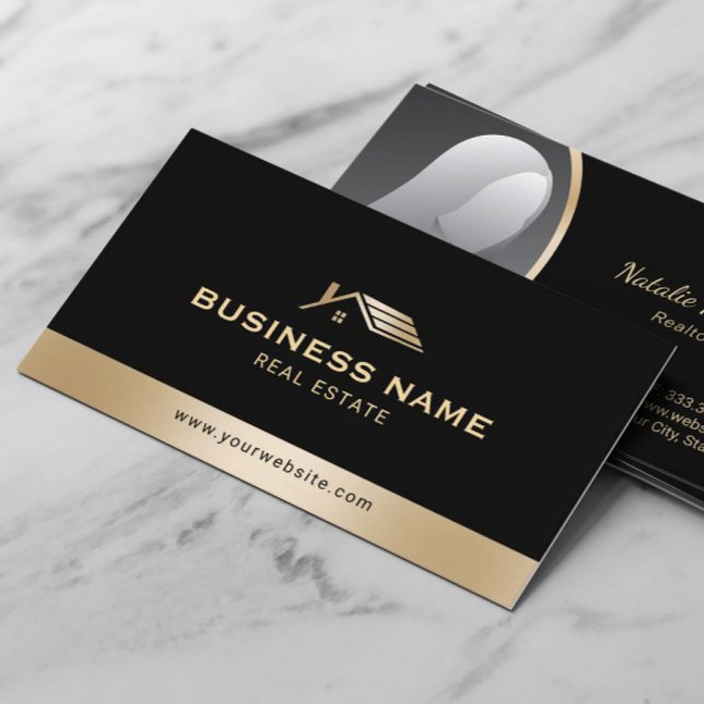 Real Estate Agent Modern Gold House Logo Photo Business Card (Creator Uploaded)