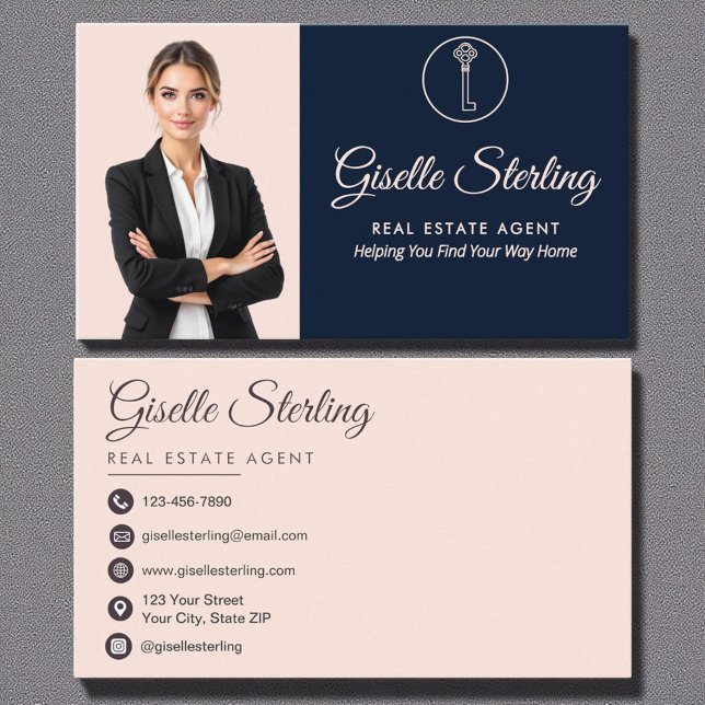 Real Estate Agent Navy Blue Blush Pink Photo  Business Card (Creator Uploaded)