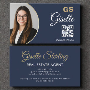 Real Estate Agent Navy Blue Gold Photo QR Code  Business Card