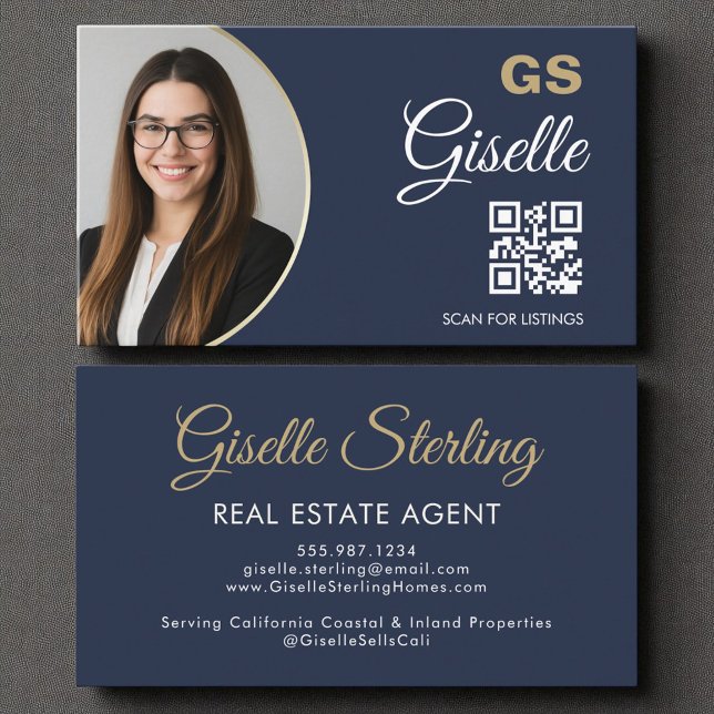 Real Estate Agent Navy Blue Gold Photo QR Code  Business Card (Creator Uploaded)