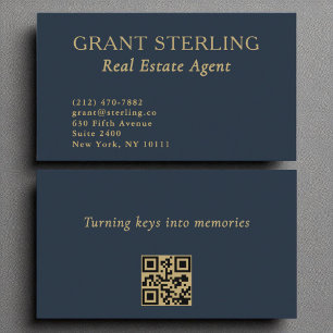 Real Estate Agent Navy Blue Gold QR Code Business Card
