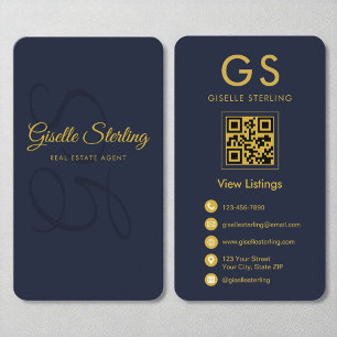 Real Estate Agent Navy Blue Gold QR Code Monogram Business Card