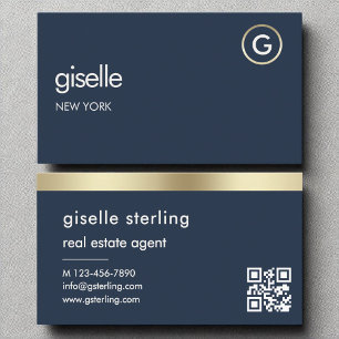 Real Estate Agent Navy Blue QR Code Gold Monogram  Business Card