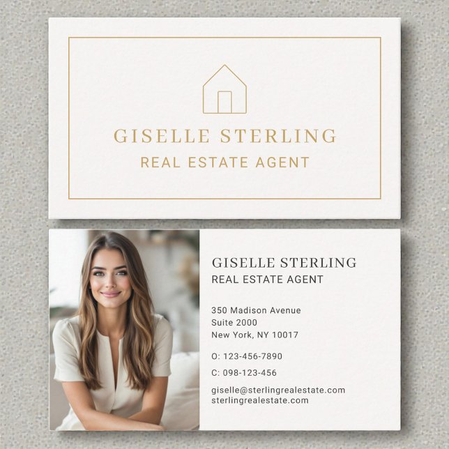 Real Estate Agent Neutral Gold House Photo Business Card (Creator Uploaded)