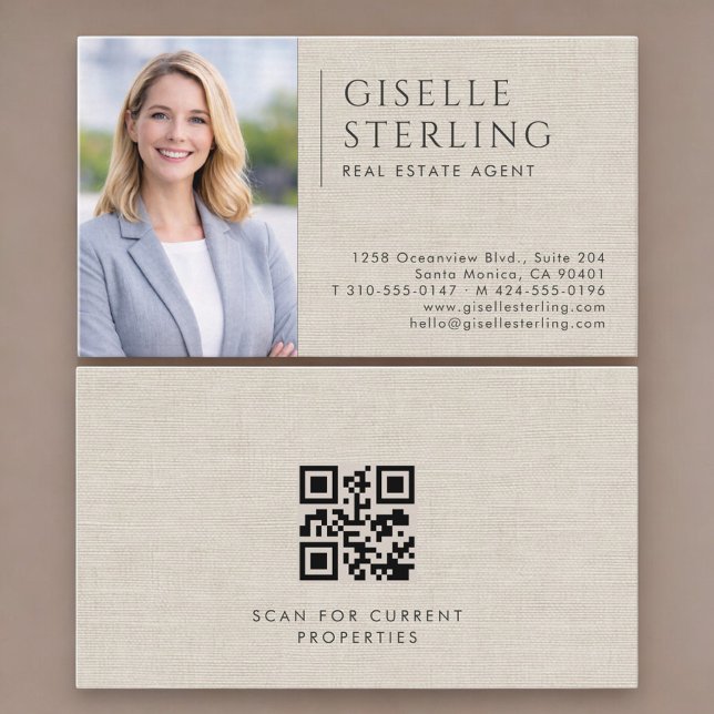 Real Estate Agent Neutral Linen Photo QR Code Business Card (Creator Uploaded)