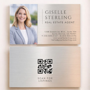 Real Estate Agent Photo QR Code Brushed Metal Business Card