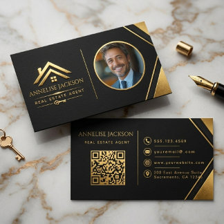 Real Estate Agent Photo QR Code Luxury Navy Gold Business Card