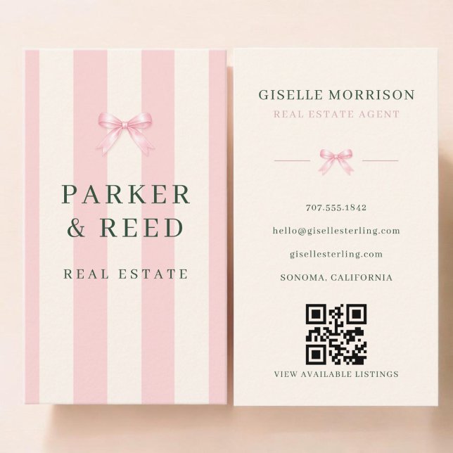 Real Estate Agent Pink Green Striped Bow QR Code Business Card (Creator Uploaded)