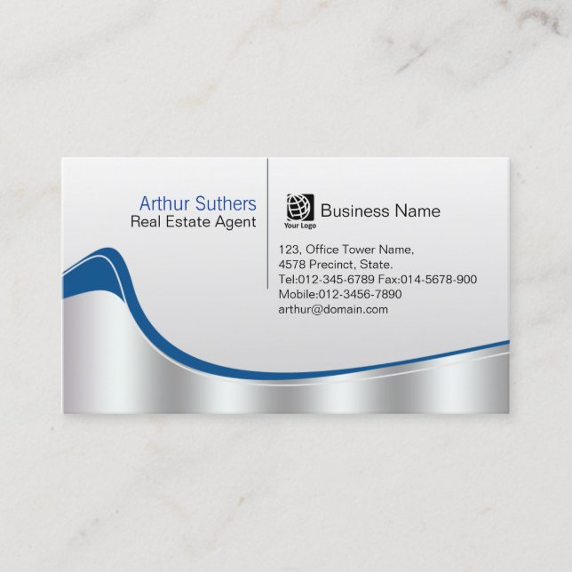 Real Estate Agent Property Investment Silver Wave Business Card (Front)