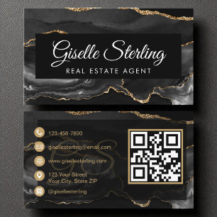 Real Estate Agent QR Code Black Gold Agate Luxury  Business Card