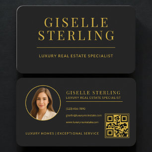 Real Estate Agent QR Code Black Gold Business Card