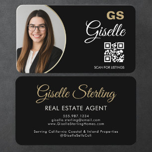 Real Estate Agent QR Code Black Gold Photo Business Card