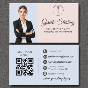 Real Estate Agent QR Code French Blue Blush Photo Business Card