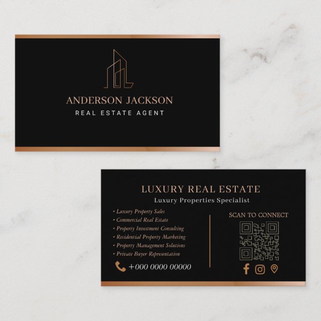 Real Estate Agent QR Code Luxury Black Gold Calling Card (Front/Back)