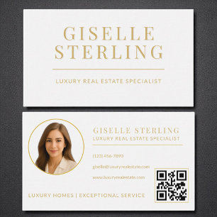 Real Estate Agent QR Code Photo White Gold Business Card