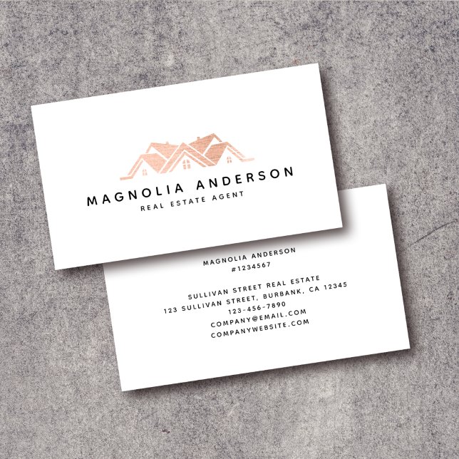 Real Estate Agent Rose Gold Brushed Metal  Busines Business Card (Creator Uploaded)