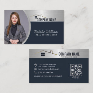 Real Estate Agent Silver Blue Professional Photo Calling Card