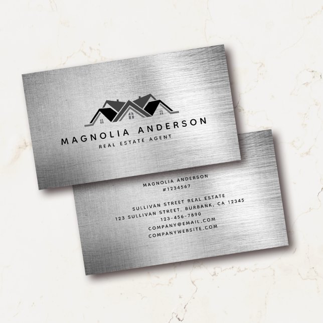 Real Estate Agent Silver Brushed Metal  Business Card (Creator Uploaded)