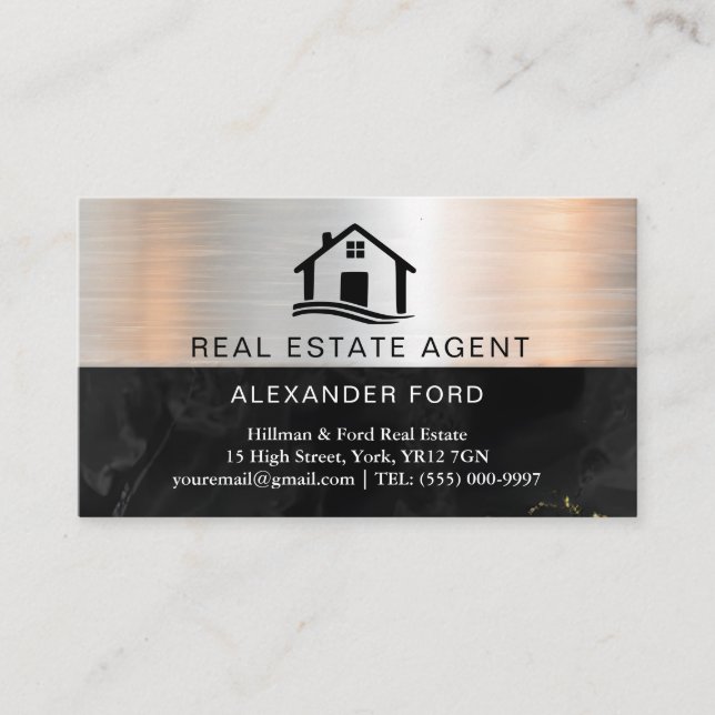 Real Estate Agent silver Metallic Gold Marble  Business Card (Front)