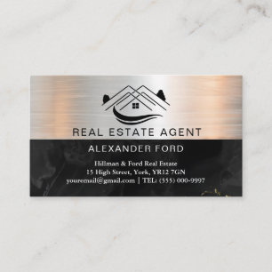 Real Estate Agent silver Metallic Gold Marble Business Card
