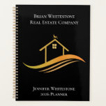 Real Estate Black Gold Custom Realtor 2026 Company Planner<br><div class="desc">This chic real estate company 2026 planner is custom made with your realty company and agent name. This classy black and gold notebook features a pretty house with a weathervane on top and sleek curves underneath. Personalise this business marketing gift with your own information.</div>