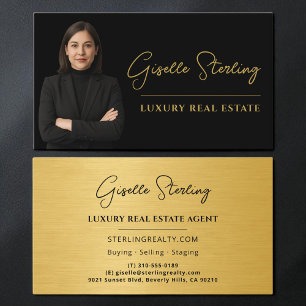 Real Estate Black Gold Script Luxury Metallic Business Card
