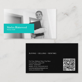 Real Estate Black & White Photo Turquoise QR Code Business Card