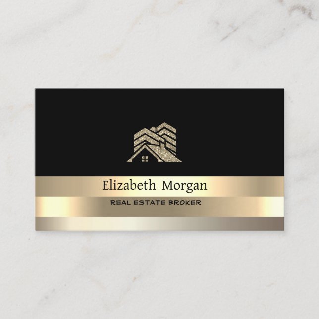  Real Estate Broker House Gold Stripe Glitter Roof Business Card (Front)