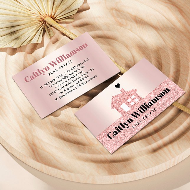 Real Estate Broker House Pink Rose Gold Glitter Business Card (Creator Uploaded)