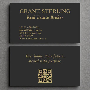 Real Estate Broker Minimalist Black Gold QR Code  Business Card