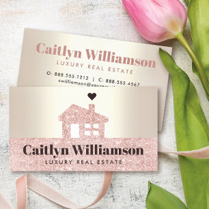 Real Estate Broker Modern Pink Glitter House Gold Business Card
