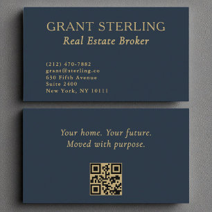 Real Estate Broker Navy Blue Gold QR Code  Business Card