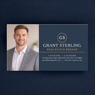 Real Estate Broker Photo Navy Blue Gold Business Card