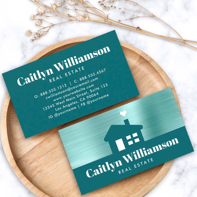 Real Estate Broker Professional Modern House Teal Business Card (Creator Uploaded)