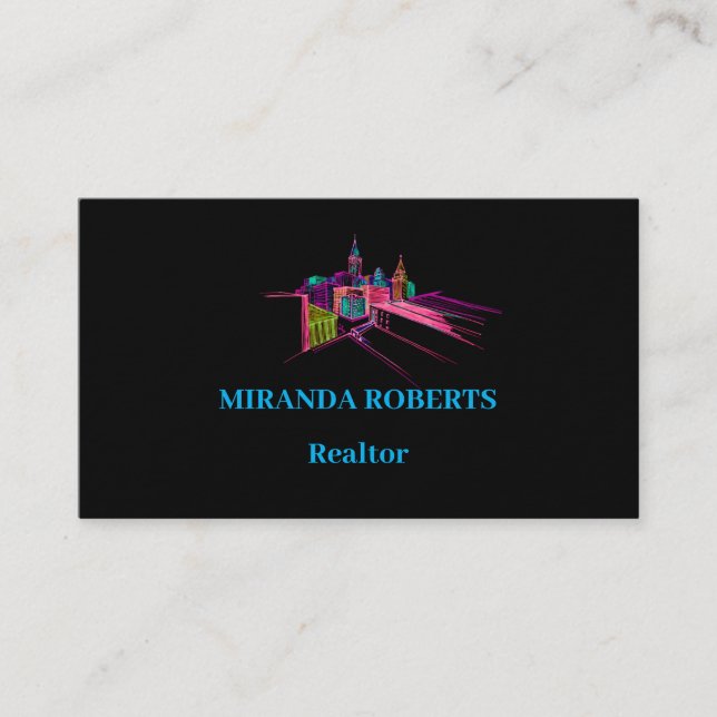 Real Estate Business Card Black and Pink for Real (Front)